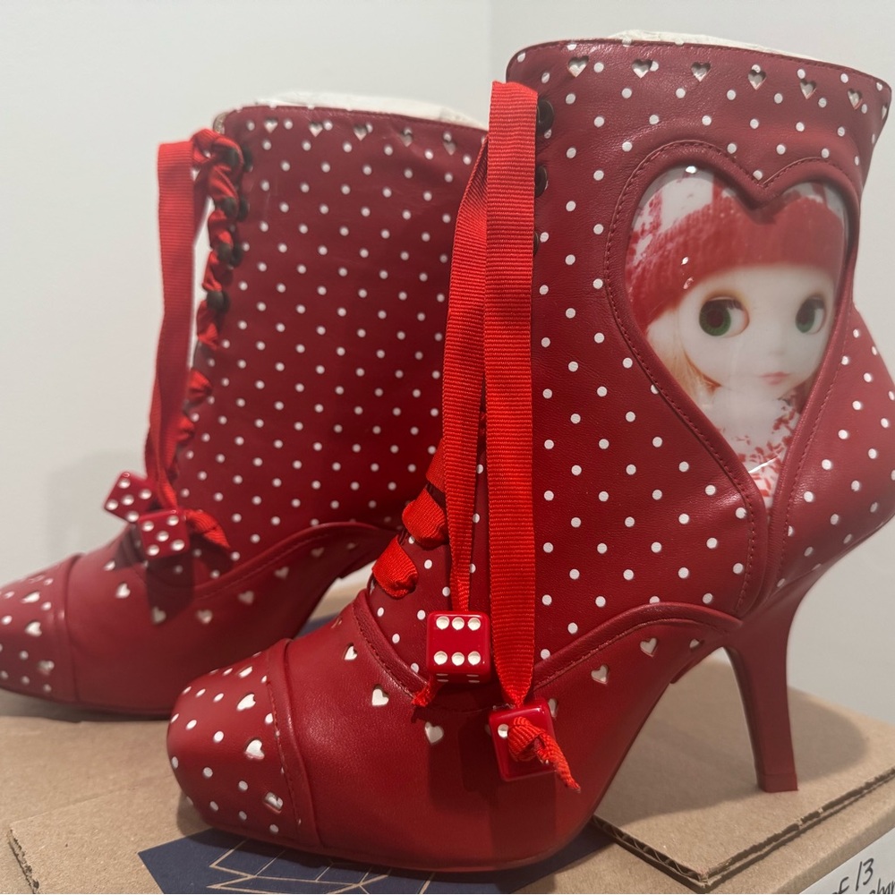 New Irregular Choice “Blythe” Red Polka-Dot Heart Cutout Lace-Up Ankle Boots